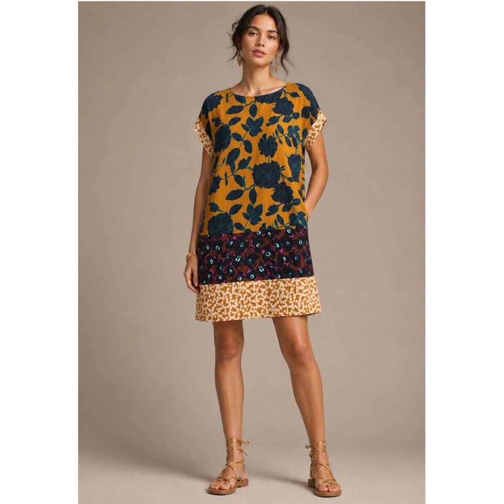 Boden Floral Florence Shift Dress 8R Yellow Navy Boho Eclectic Artsy Patchwork